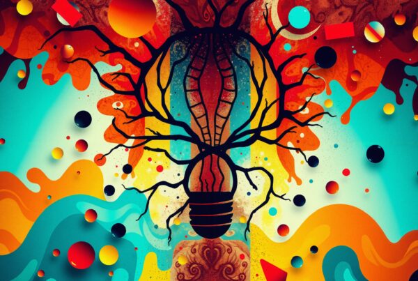 Abstract colorful design with a light bulb motif, dynamic branches, and geometric shapes against a vibrant, swirling background.