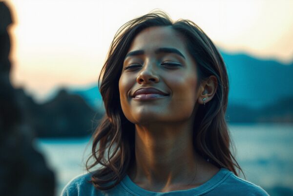 A serene woman with eyes closed enjoys the peaceful outdoor setting against a blurred background of mountains and water during sunset.