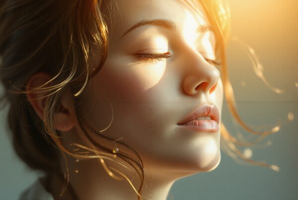 A serene young woman enjoys sunlight with eyes closed, capturing a moment of tranquility and natural beauty.