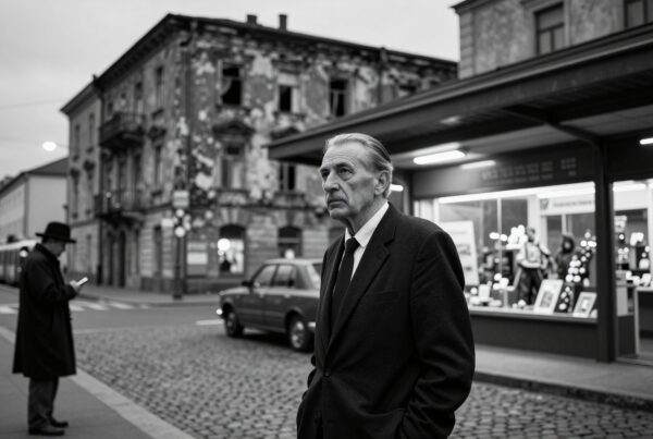 Black and white photo of a distinguished man on an urban street with a mix of historic and modern elements in the background.