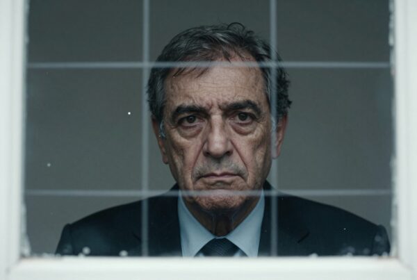 Elderly man gazes seriously through a window.