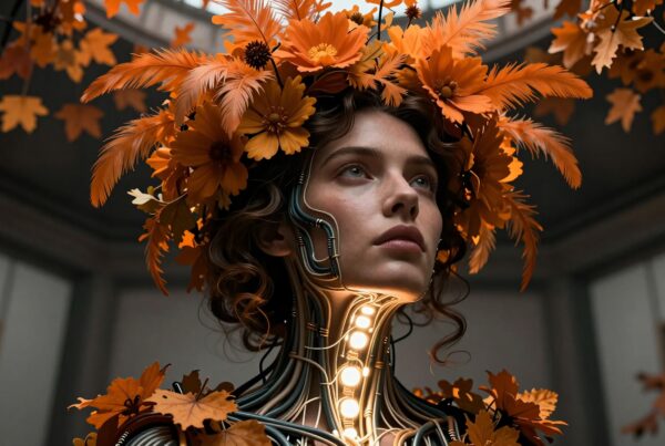 A woman adorned with autumnal flowers and metallic elements, symbolizing the fusion of nature and technology.