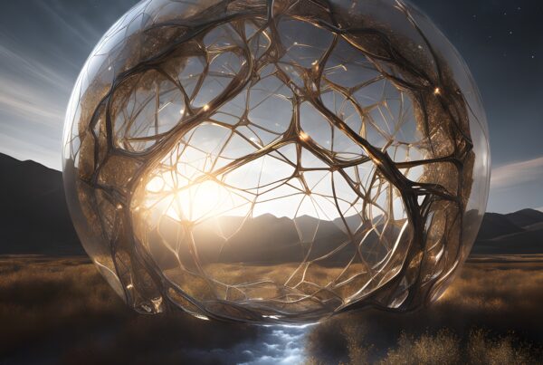 Surreal transparent sphere hovers over desert stream at sunset.