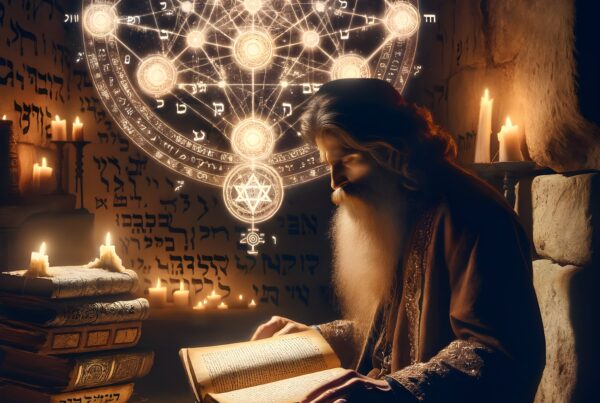 Elderly scholar reading by candlelight with mystical symbols.