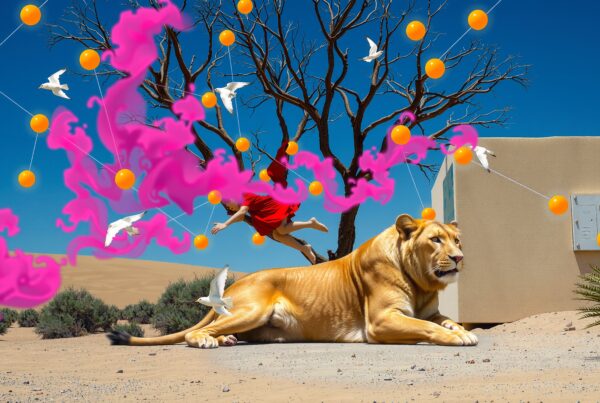 Surreal desert scene with lion, bright balloons, and whimsical elements.