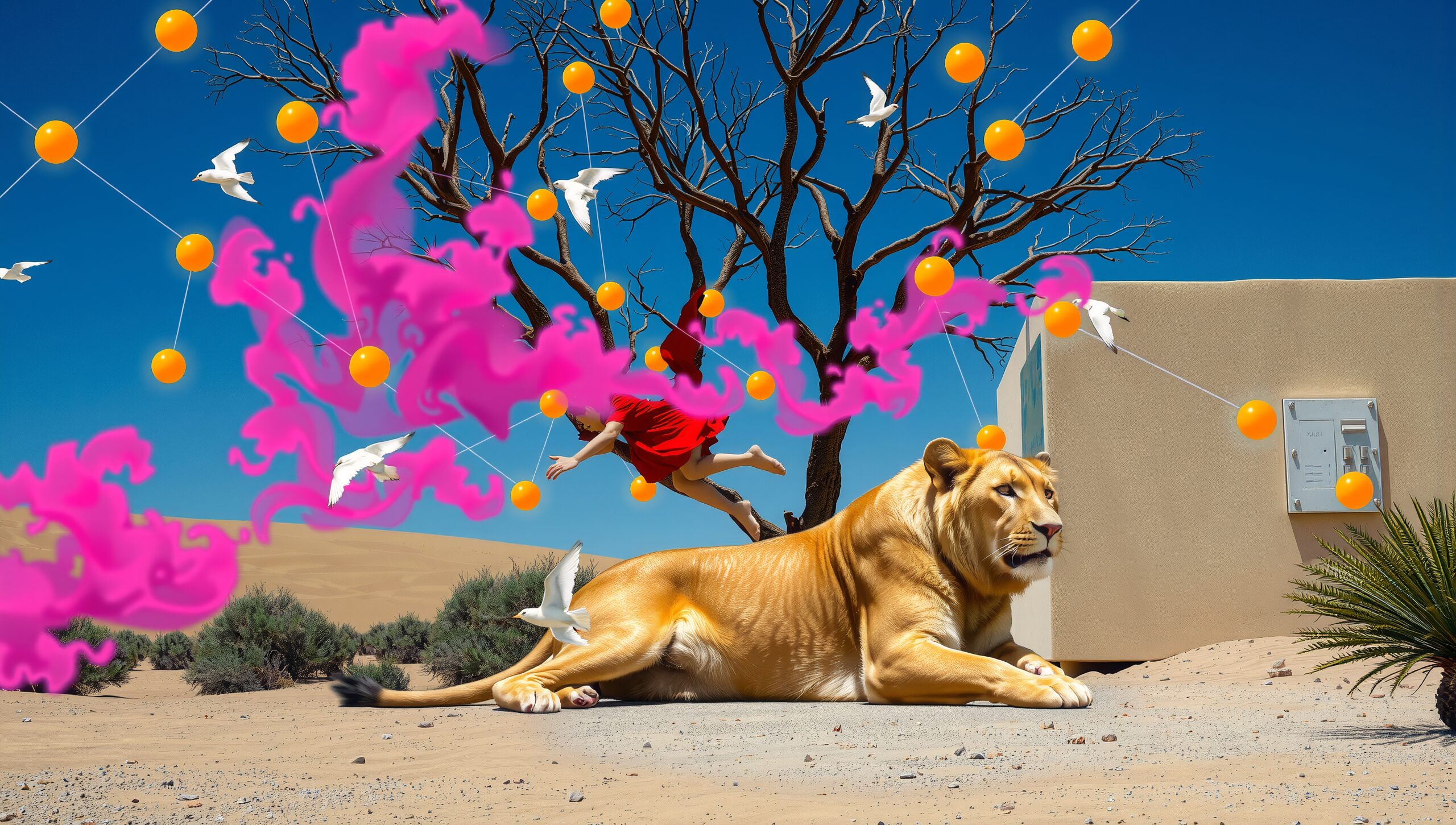 Surreal Desert Scene with Lion