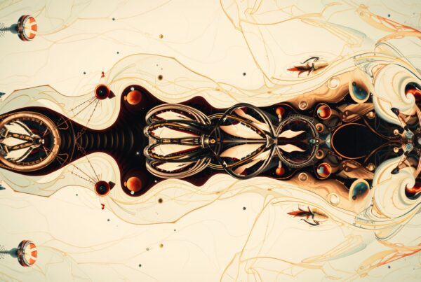 Abstract artwork merges nature and technology with intricate design.