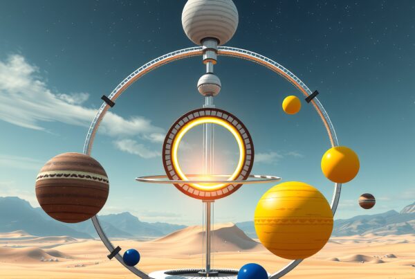 A futuristic orrery against a starry desert landscape.
