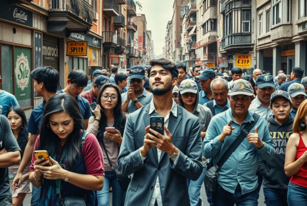 A bustling street filled with diverse pedestrians using smartphones in an urban setting.