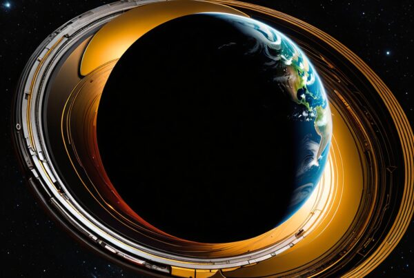 Futuristic depiction of Earth partially eclipsed by metallic rings in space.