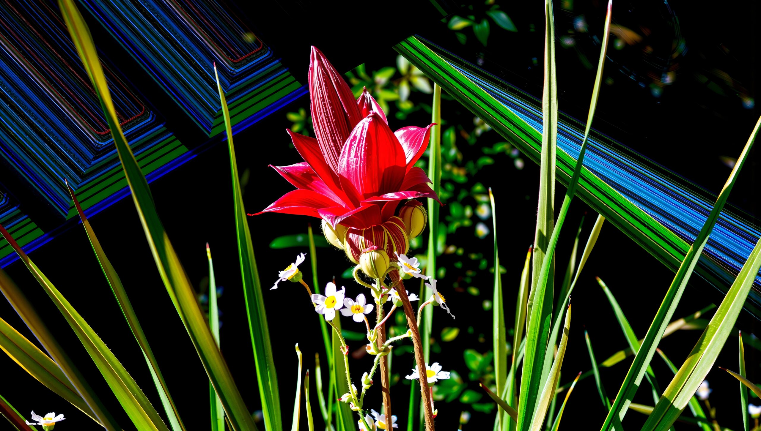 Red Flower Against Abstract Patterns