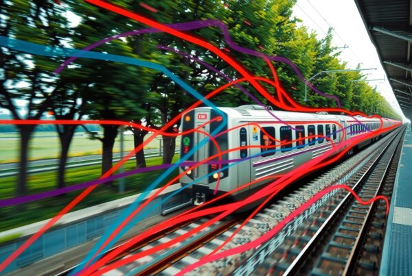 High-speed train with dynamic energy lines in a lush landscape.