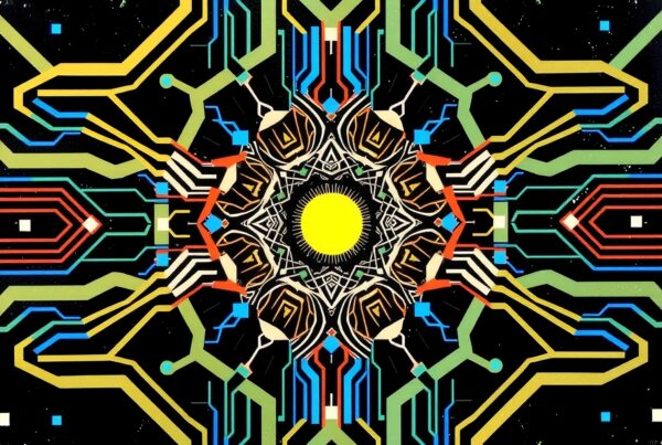 A vibrant, symmetrical digital design featuring a central yellow circle with colorful circuit-like patterns radiating outwards against a black background.