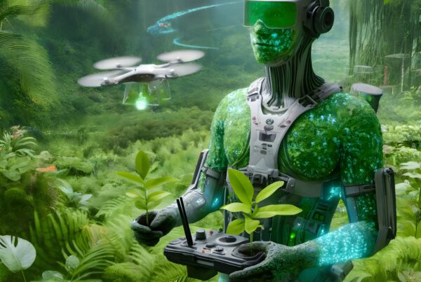 A green humanoid robot holds plants in a lush jungle, controlling a drone, illustrating the fusion of technology and nature.