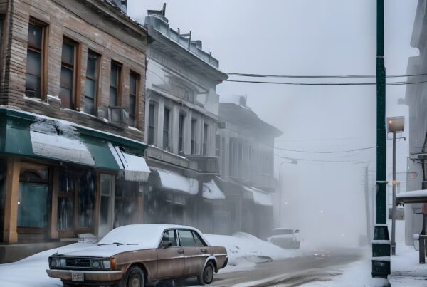 A foggy street in winter shows snow-covered buildings and an old car.