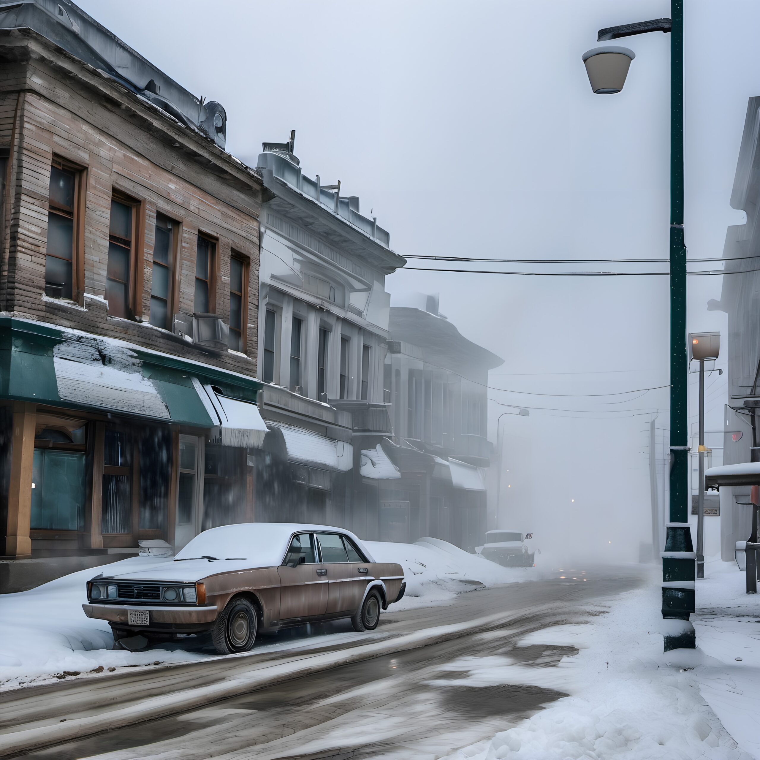 Snowy Downtown Street and Car