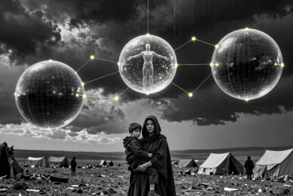 A woman holds a child beneath floating digital spheres in a stormy landscape.