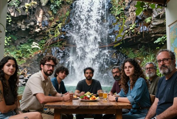 A group of people enjoy fruit at a table with a waterfall in the background.