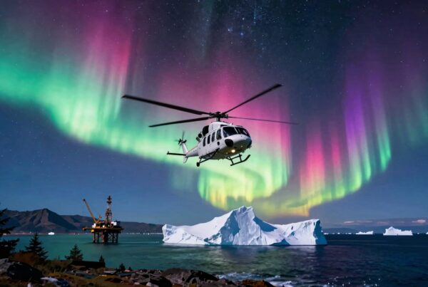A helicopter flies beneath colorful aurora borealis with icebergs.
