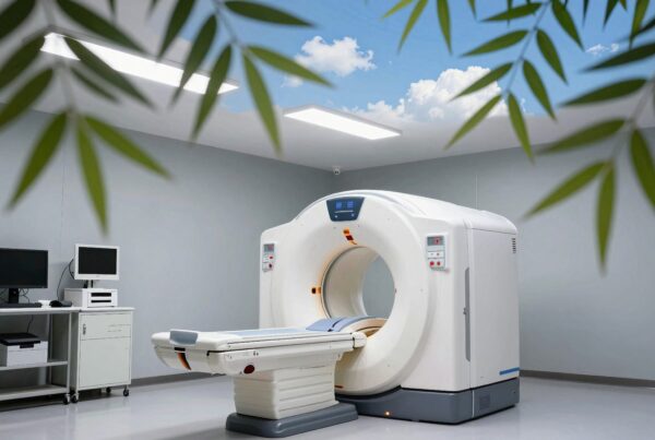 A modern CT scanner room with a serene, calming design, featuring a ceiling sky image and advanced medical equipment.