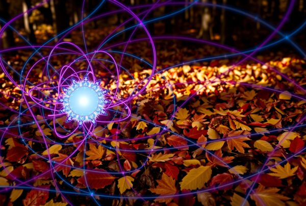 A glowing orb with purple and blue tendrils radiating in an autumn forest on a vibrant, leaf-covered ground.