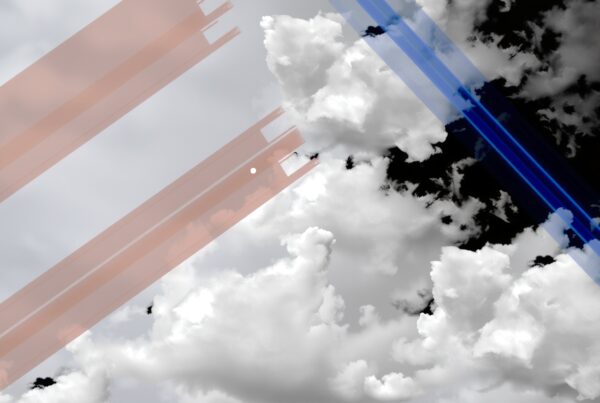 Surreal image of clouds with diagonal pink and blue lines.