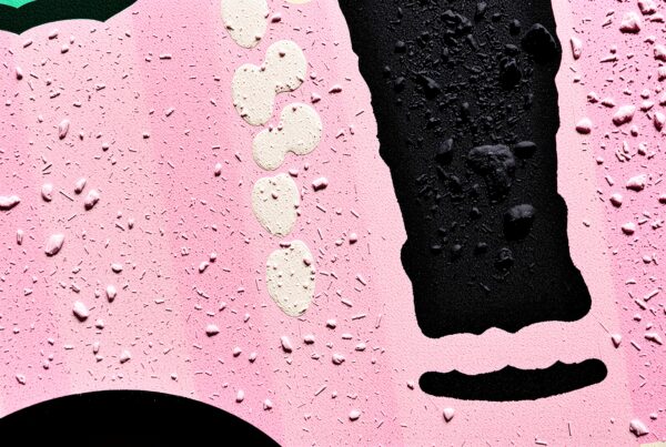 Abstract textured artwork with pink, black, and cream contrasts displaying dynamic shapes and vibrant colors.