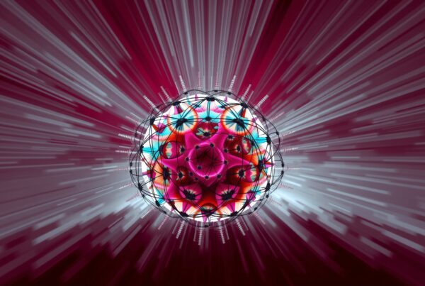 Abstract digital art featuring a colorful, geometric sphere with dynamic radiating lines on a gradient background.