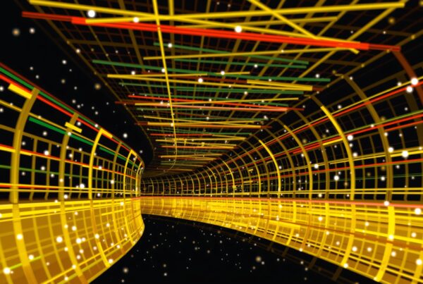 A vibrant, abstract tunnel with intersecting colorful lines and star-like dots.