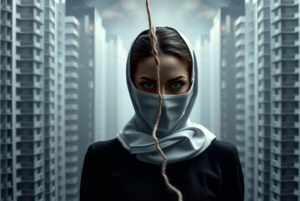 Woman in mask standing amidst tall skyscrapers with a mysterious urban backdrop.