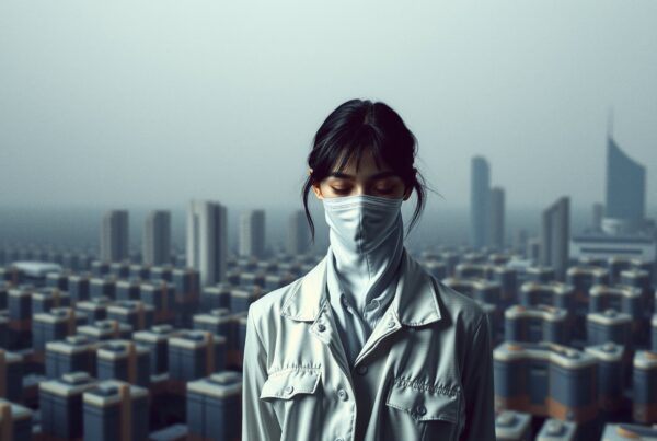 A woman in white coat and mask stands on a rooftop against a futuristic cityscape, evoking themes of isolation and introspection.