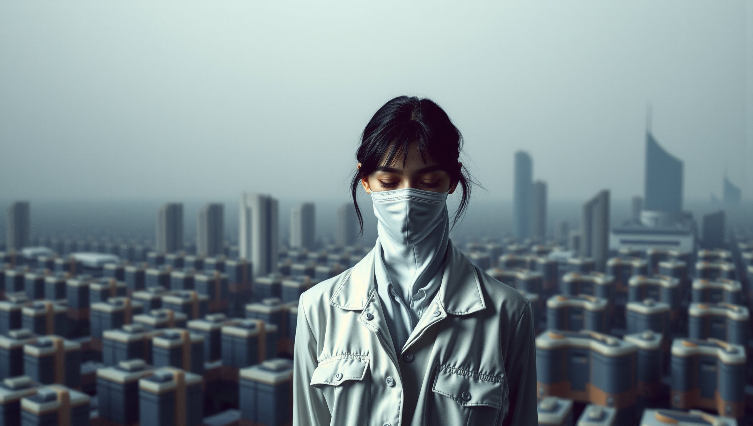 Masked Woman Overlooking Futuristic City
