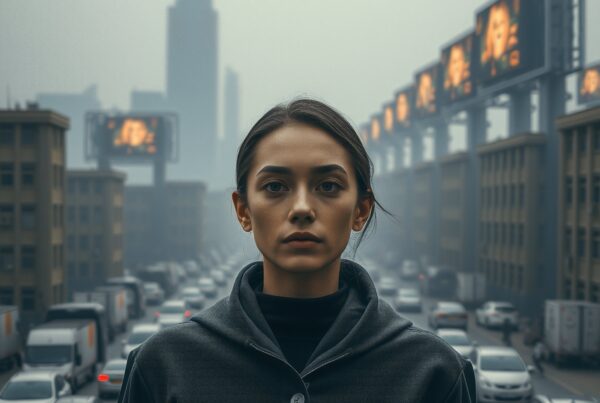 Woman in coat amidst busy urban traffic with skyscraper and billboards.