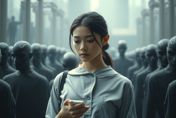 Young woman among humanoid figures, focused on her smartphone in a futuristic city.
