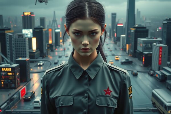 A confident woman in military-style clothing stands in a futuristic city with drones hovering above and bustling traffic below.