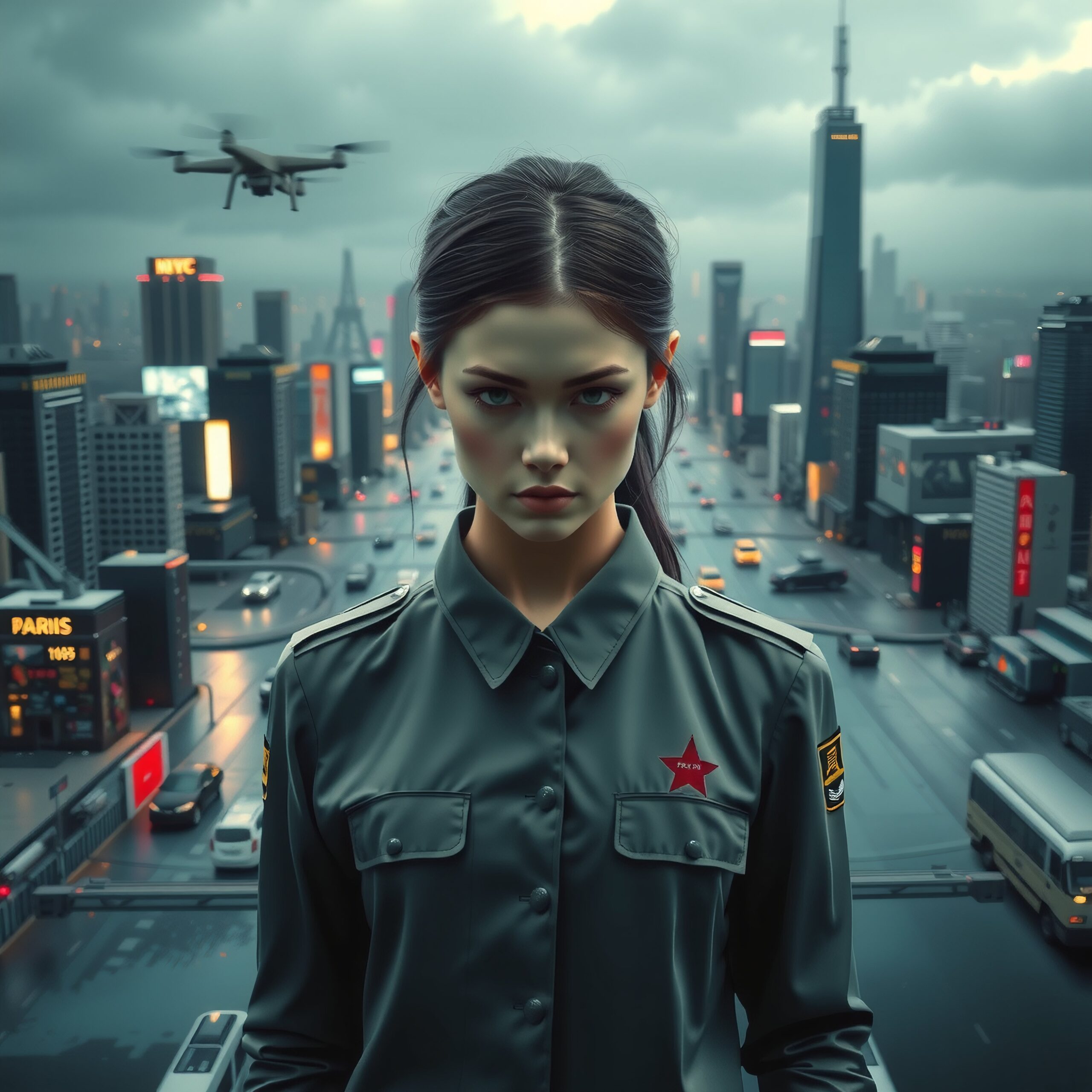 Futuristic City with Determined Woman