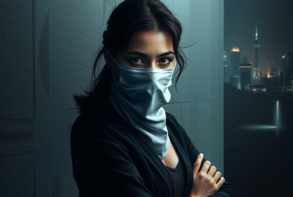 A woman with a face covering stands confidently against a modern city skyline at night, conveying mystery and intrigue.