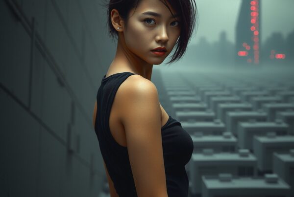 A futuristic woman stands on a foggy rooftop, overlooking a cyberpunk cityscape with glowing skyscrapers.
