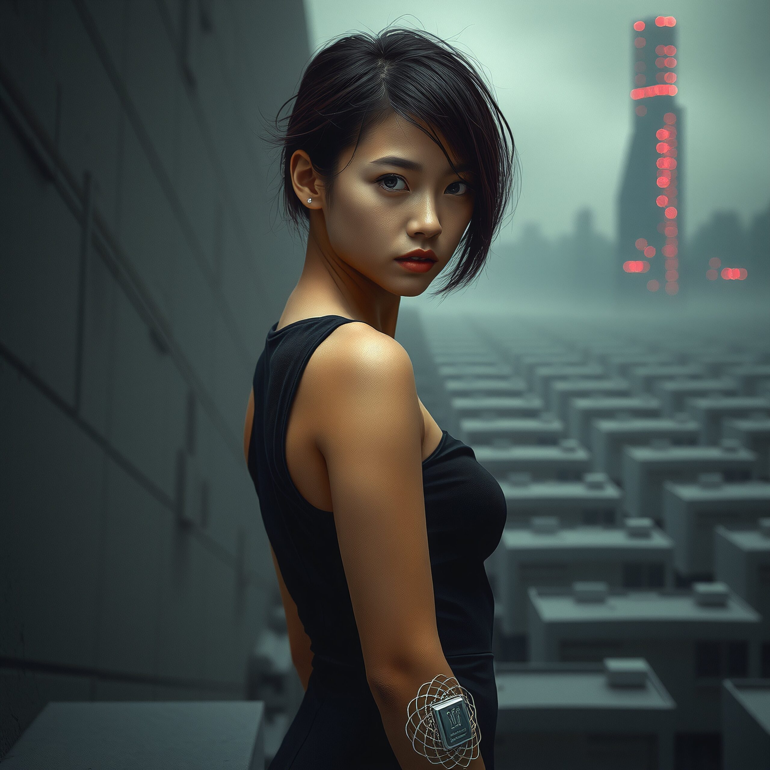 Mysterious Woman Amidst Cyberpunk Skyscrapers
