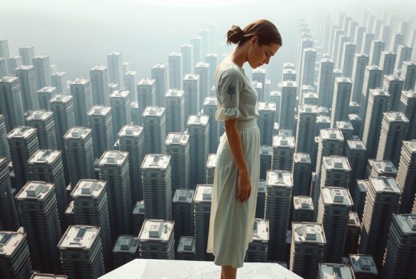 A woman stands on a platform overlooking a vast cityscape of skyscrapers.
