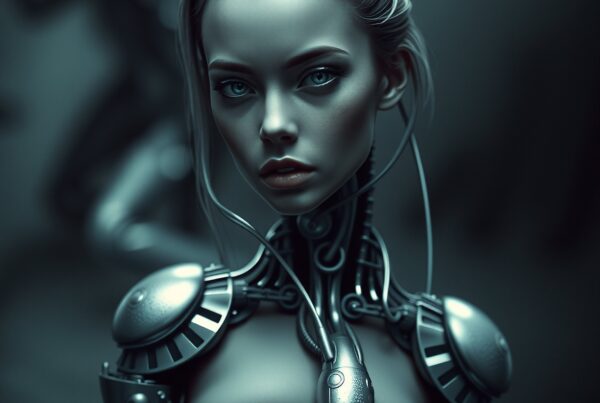 A futuristic female android with cybernetic components and expressive eyes, blending human realism and machine elements, cast in a cool, mysterious light.