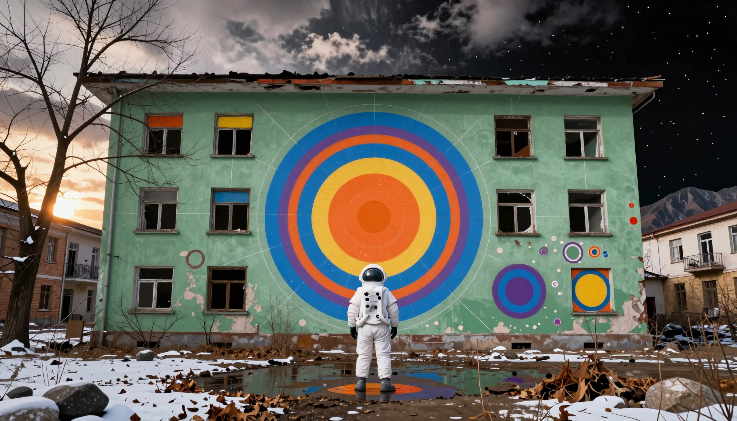Astronaut in urban mural scene