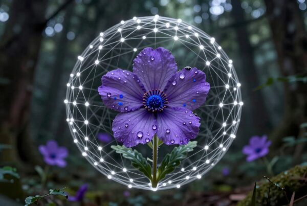 Vibrant purple flower enclosed by a glowing geometric sphere amidst a serene forest background.