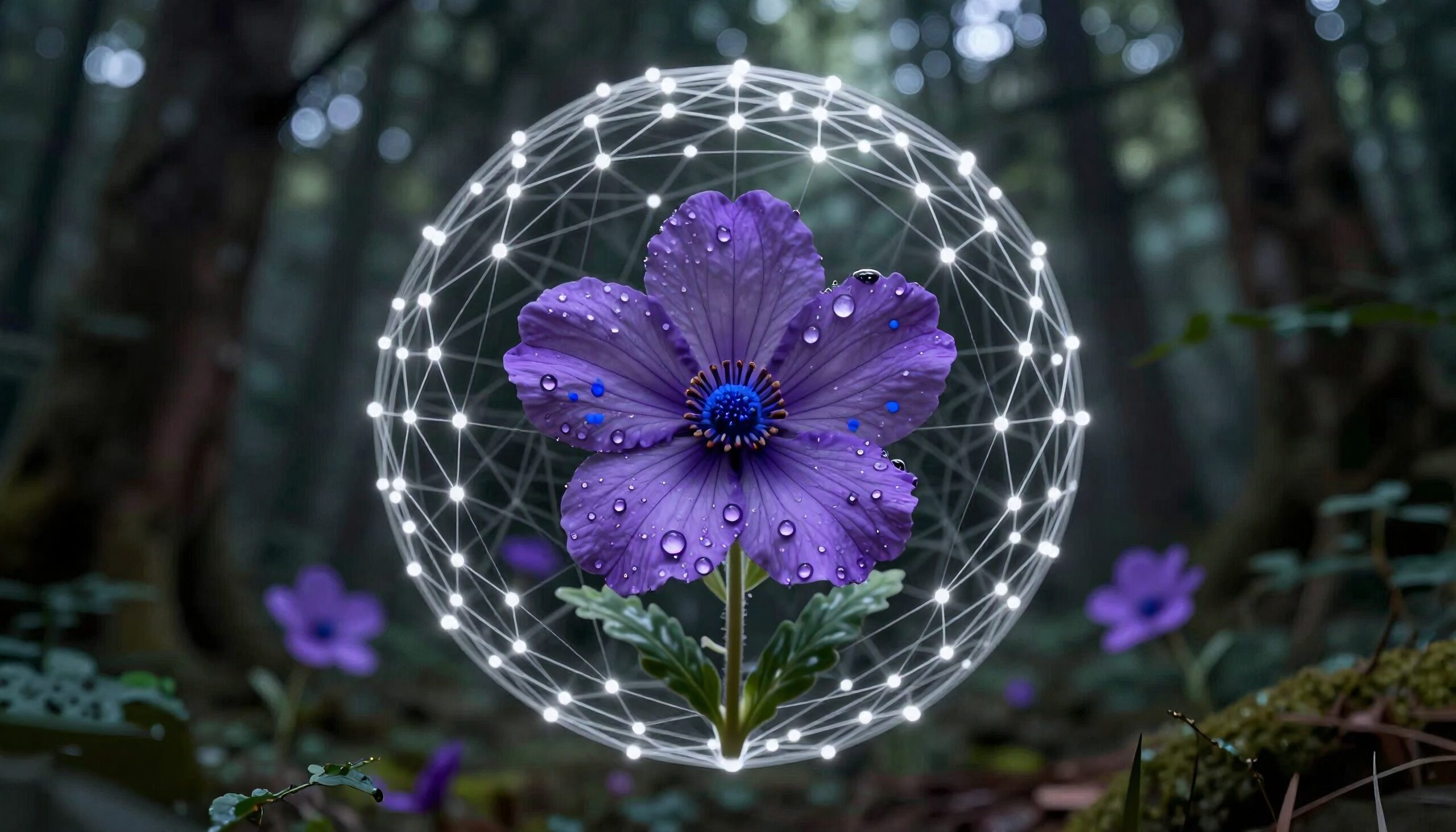 Geometric Sphere Encloses Purple Flower