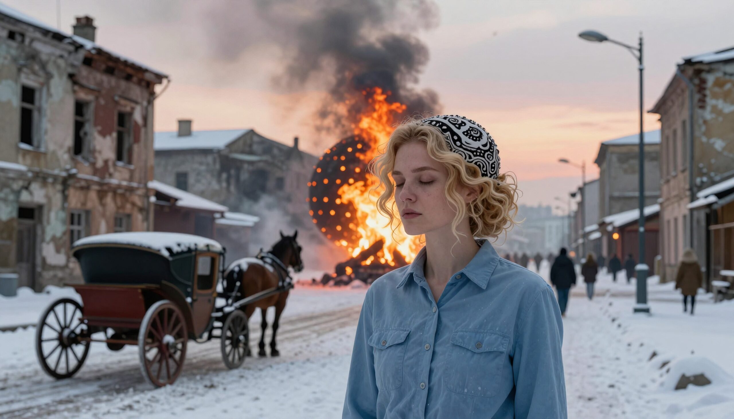 Winter Scene with Dramatic Fire