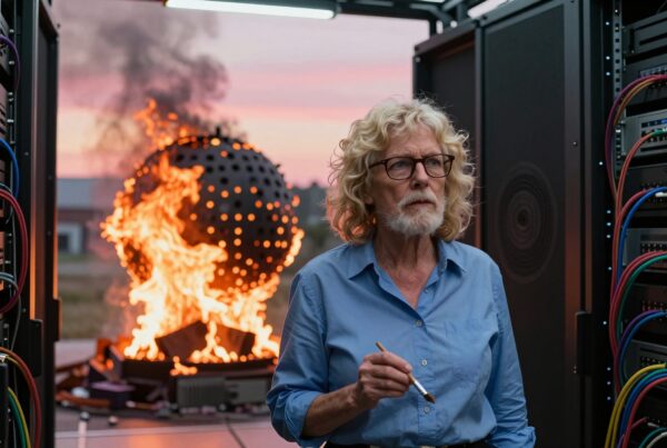 A concerned woman in a server room with a blazing sphere in the background at sunset.