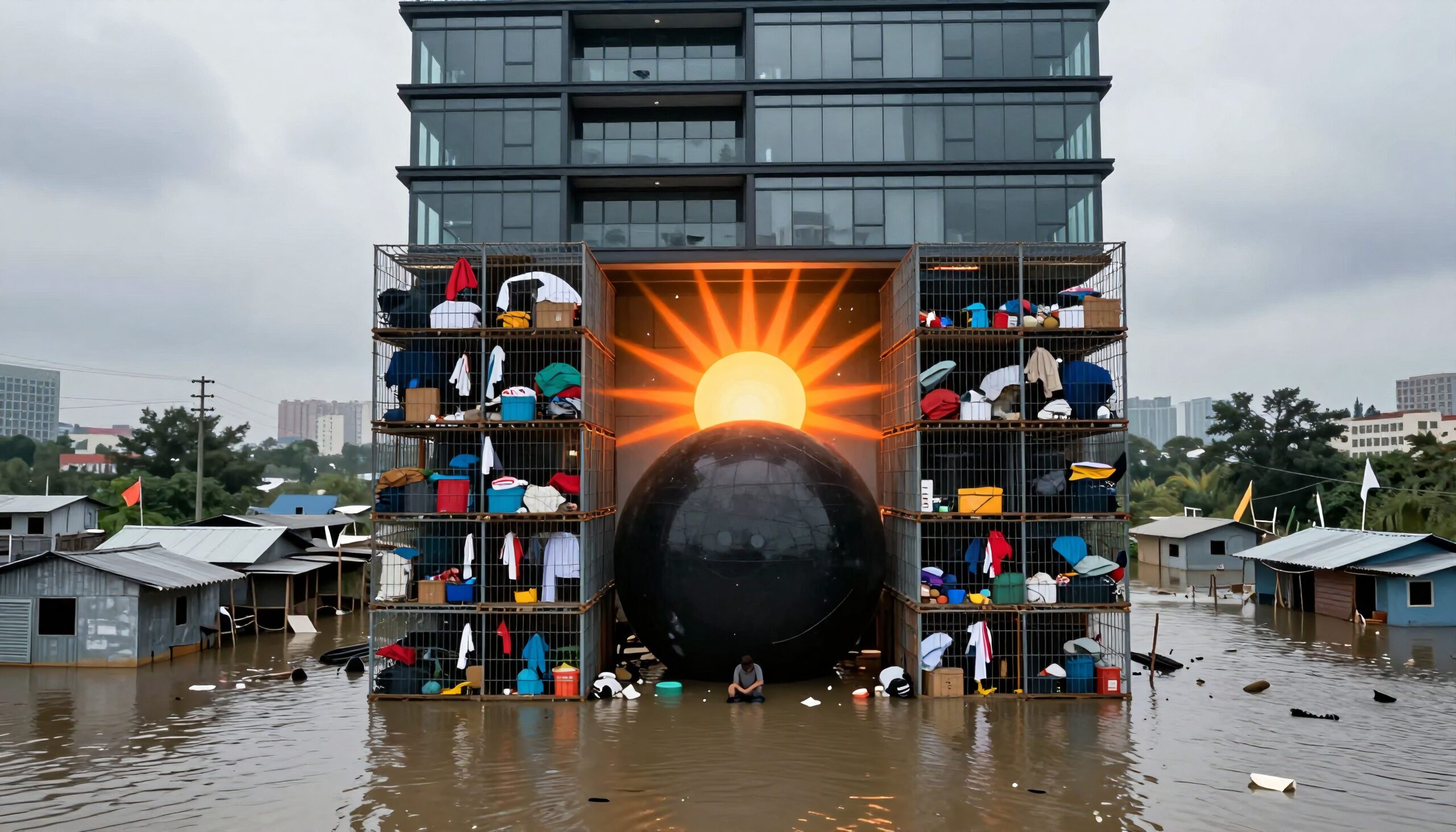 Sun Sculpture Amidst Flooded Surroundings