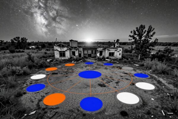 A colorful geometric pattern contrasts against a starry night sky and decaying building.