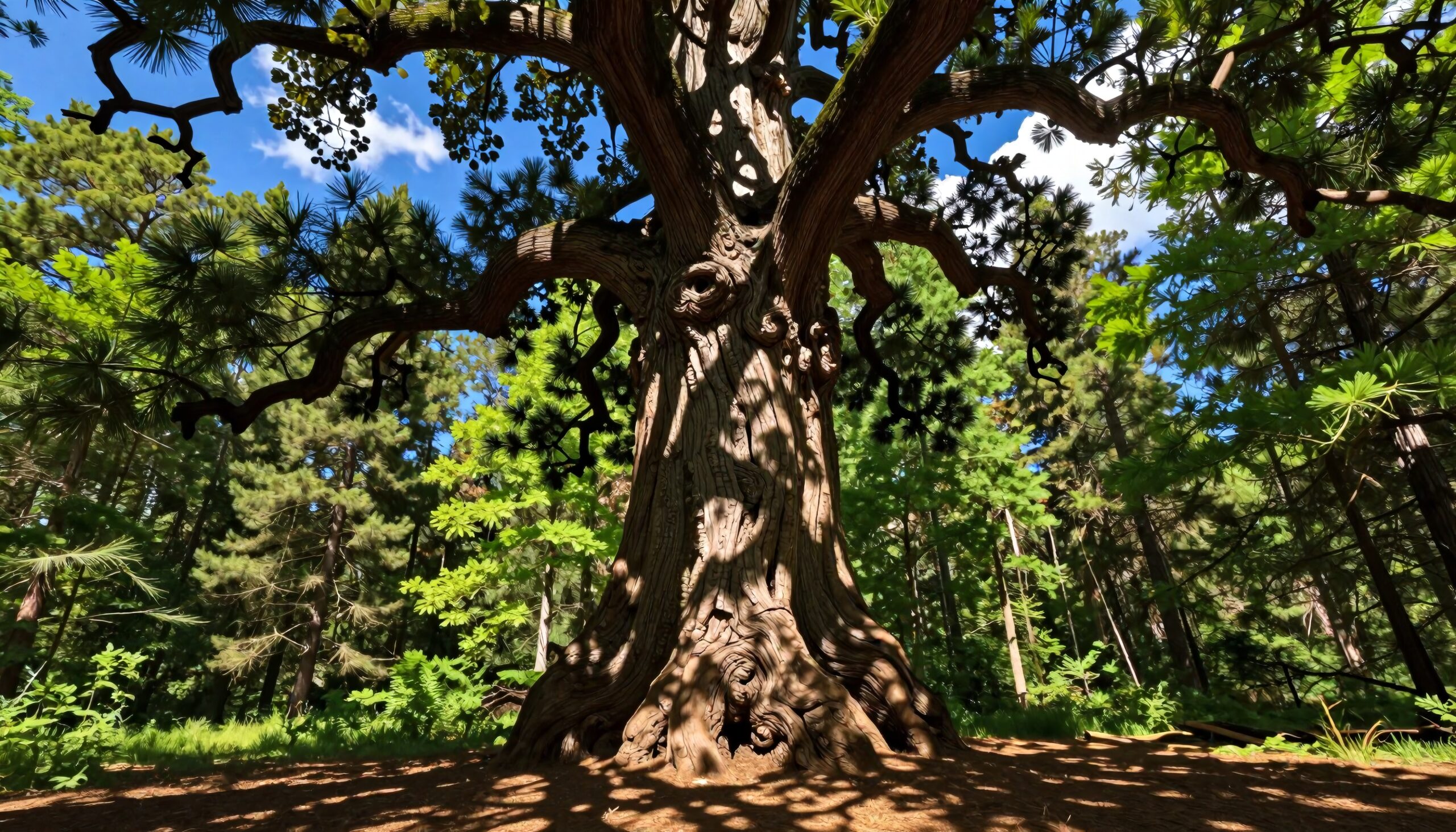 Ancient Tree in Sunlit Forest