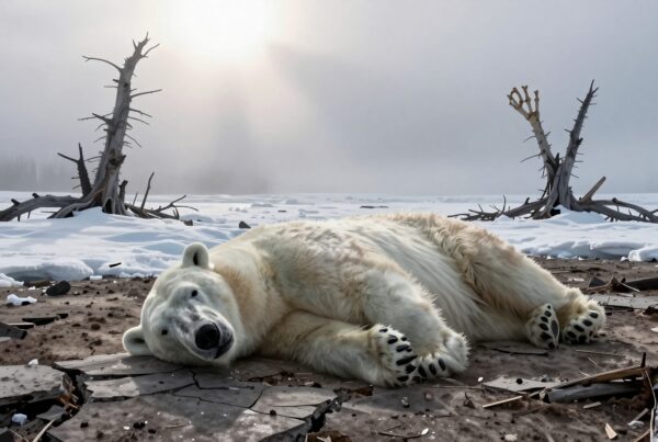 Polar bear resting on icy ground amidst snowy landscape with sunlight filtering through misty sky.